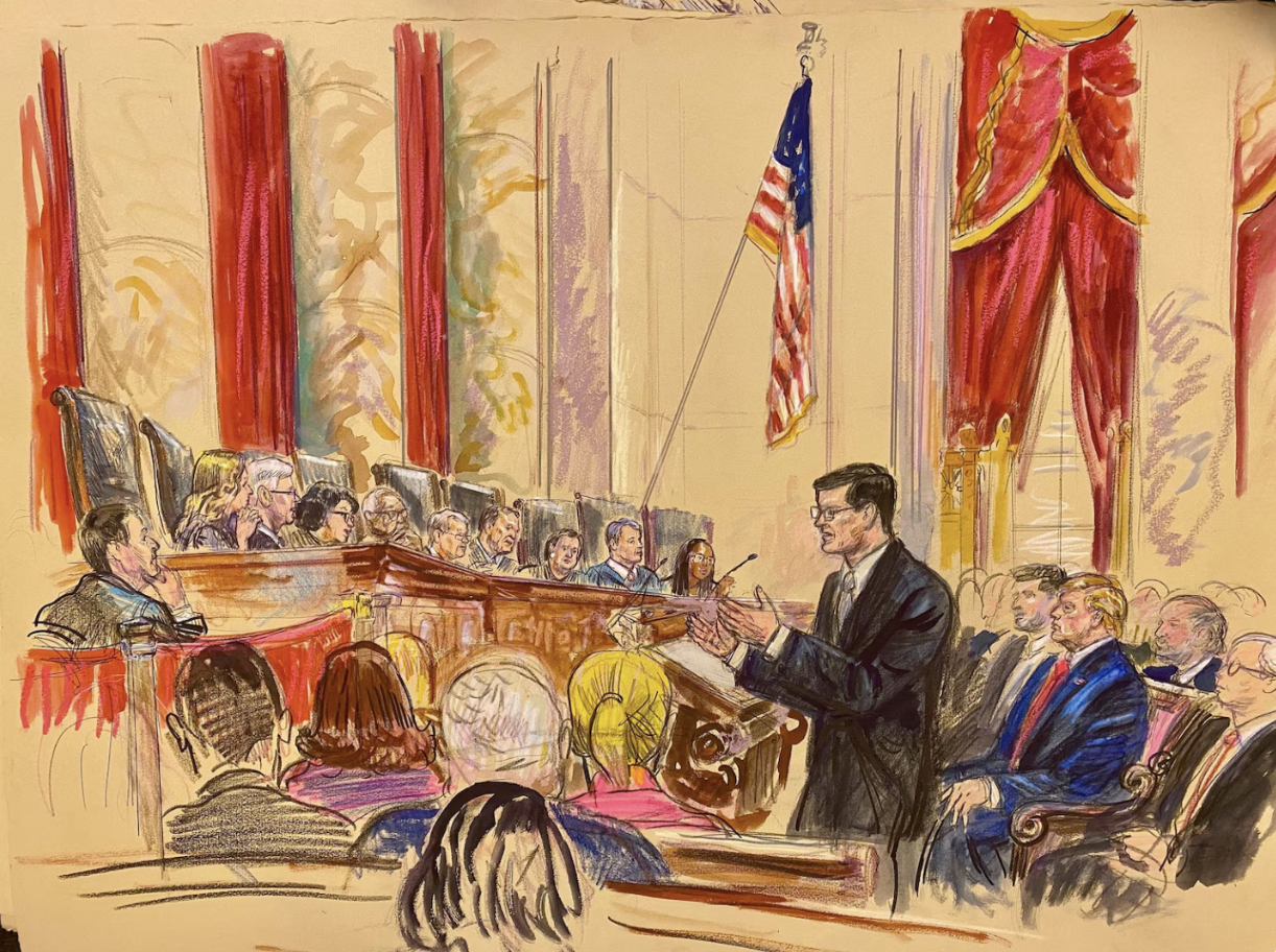 Courtroom sketch of oral arguments from April 1, 2026.